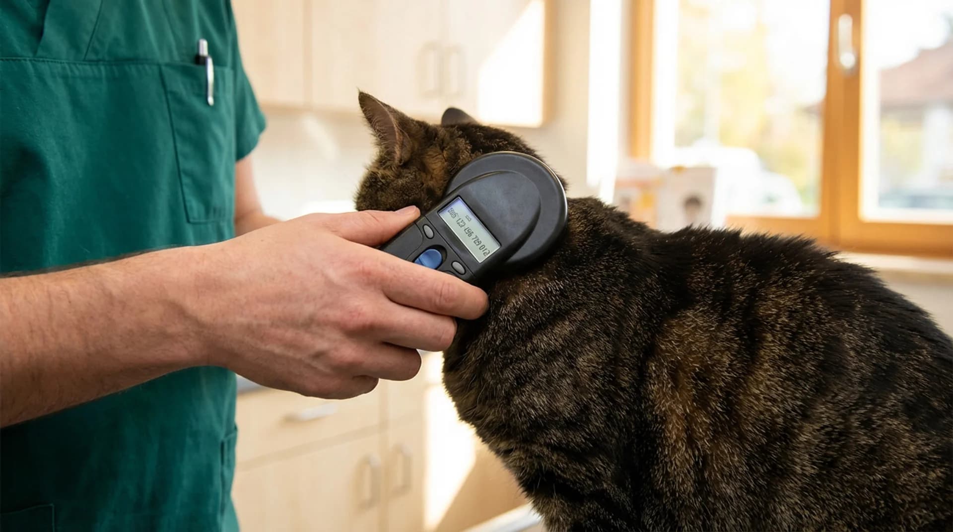 Chipmärkning av katt — chipscanner läser av 15-siffrig ID-kod från tabby-katts nacke