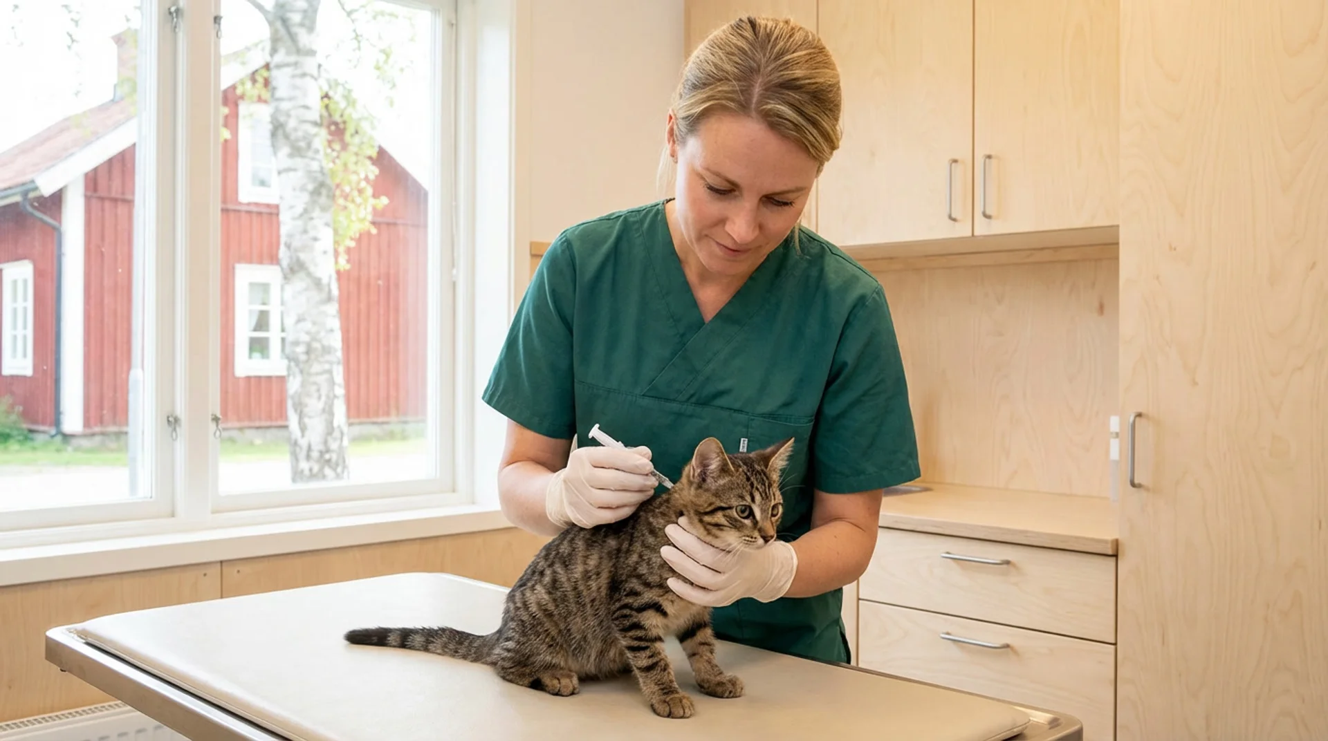 Chipmärkning av tabby-kattunge — veterinär sätter mikrochip i nackskinnet på svensk klinik
