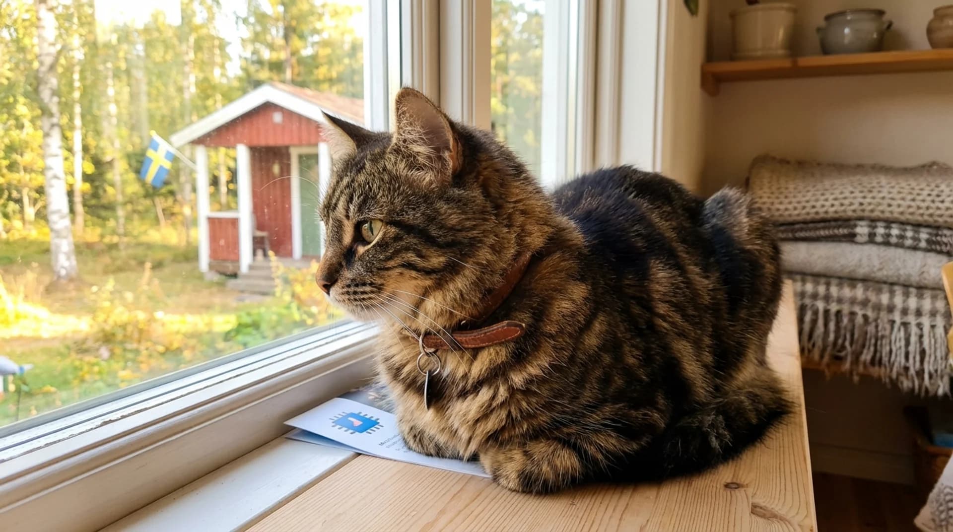 Chipmärkning i kombination med halsband — tabby-katt vid fönster mot svensk landsbygd med röd stuga och flagga