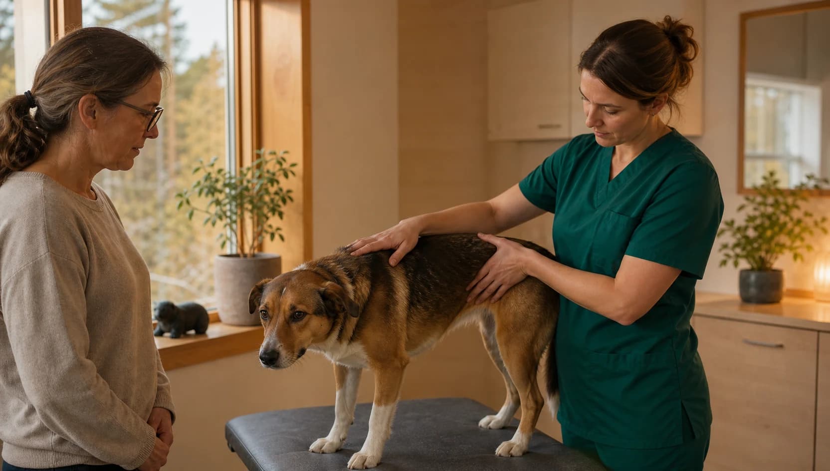 Veterinär i gröna scrubs justerar ryggen på en lugn hund på behandlingsbord medan ägaren är med.