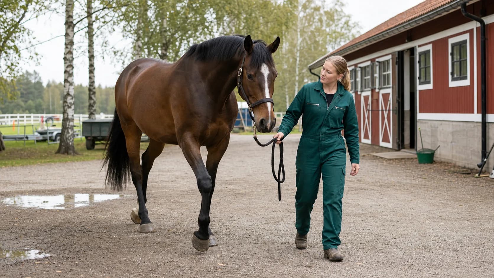 Mörkbrun häst leds på stallplan medan veterinär bedömer gång efter kiropraktisk behandling.