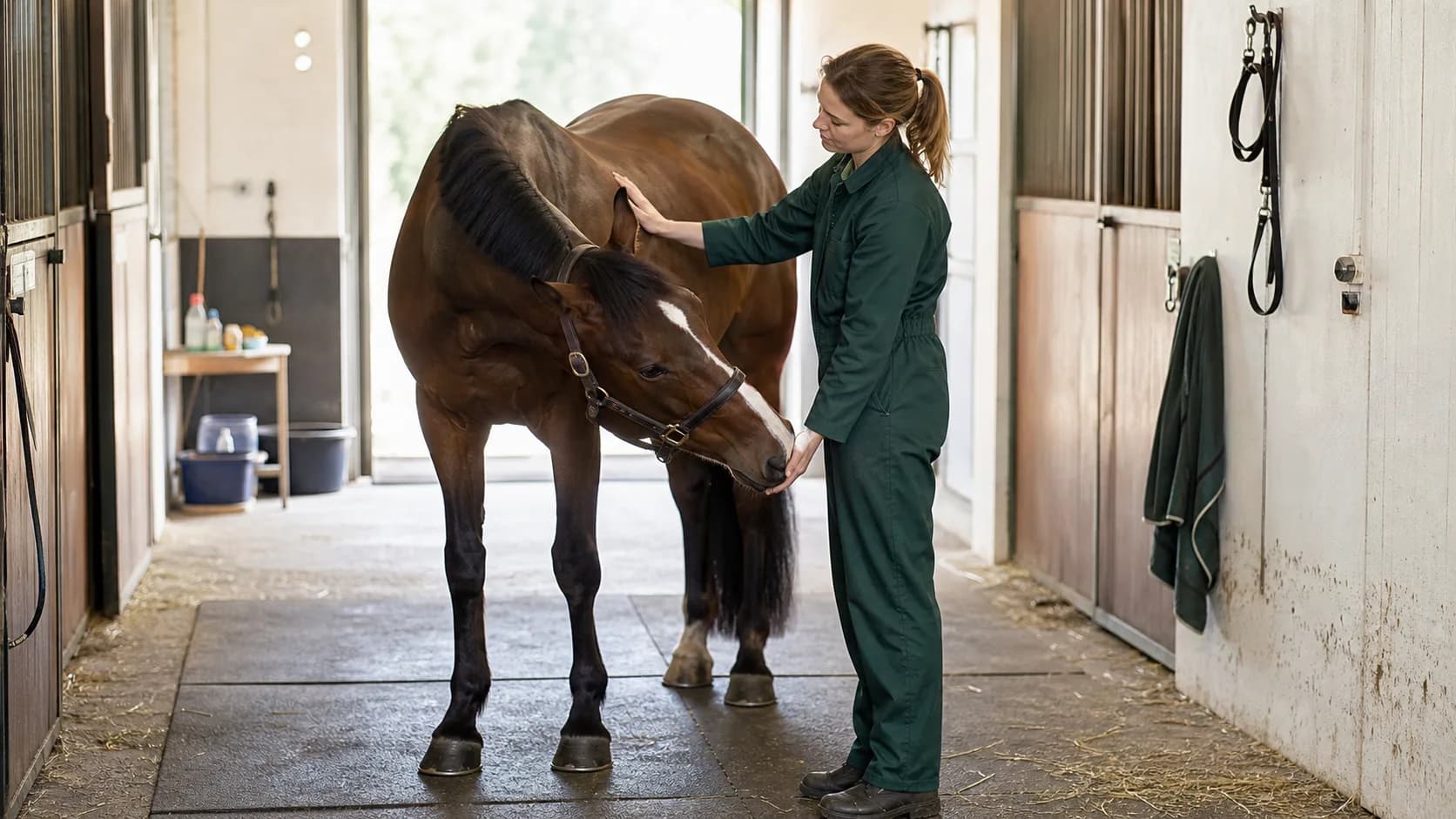 Veterinär gör varsamt rörlighetstest av hals och bog på en mörkbrun häst.