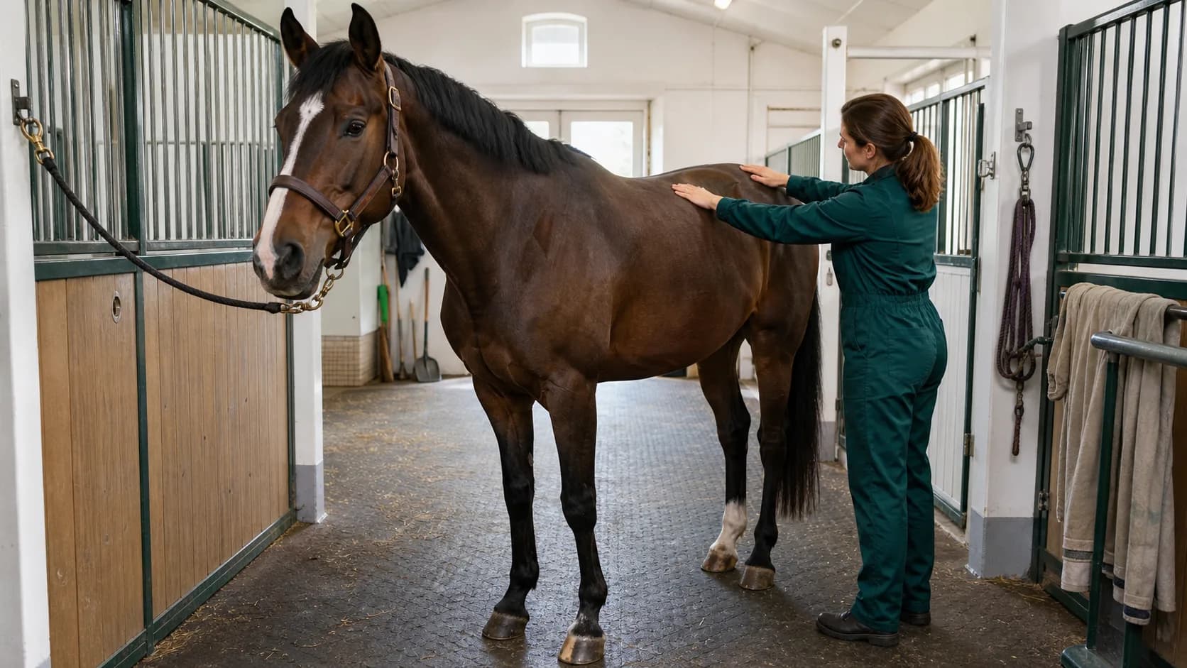 Hästveterinär palperar rygg och bäcken på en lugn mörkbrun häst i stallgång.