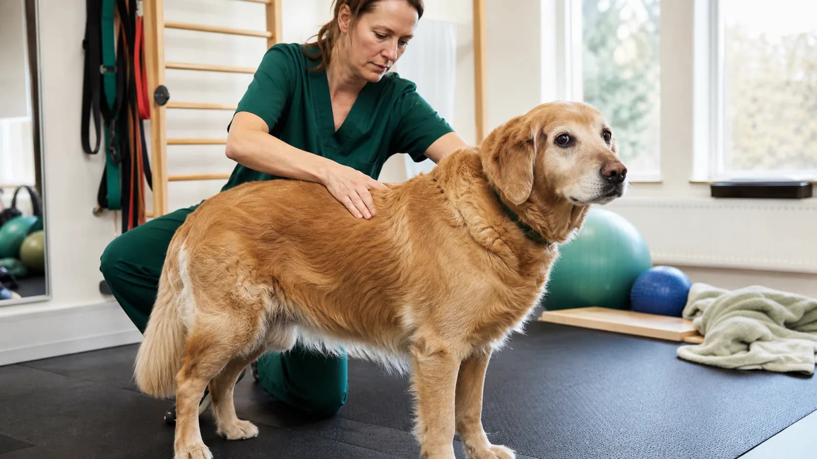 Varsam kiropraktisk justering av ländryggen på en lugn äldre golden retriever.