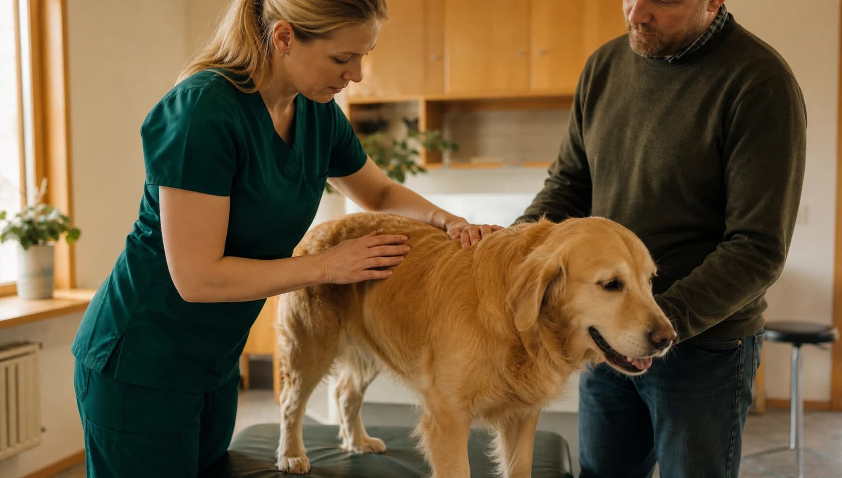 Veterinär i gröna scrubs undersöker ryggen på en lugn golden retriever medan ägaren är med.