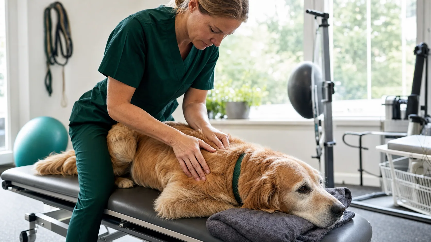 Veterinär kiropraktor palperar ryggen på en äldre golden retriever på rehabiliteringsbord.