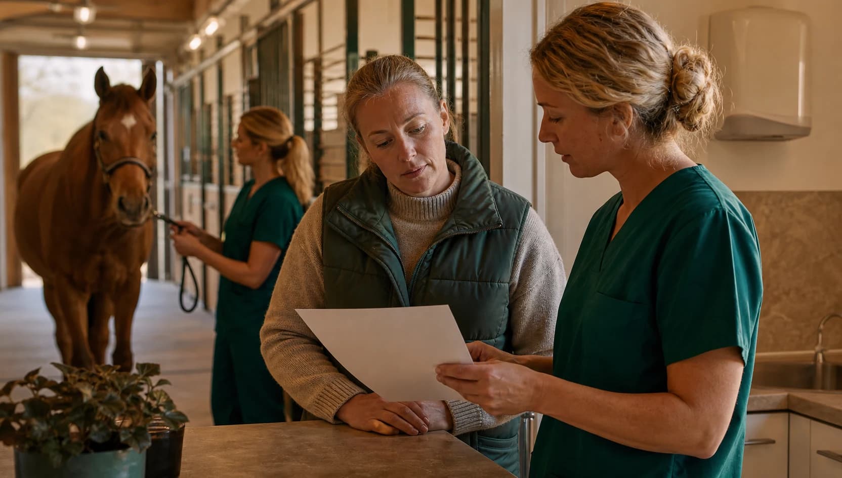 Veterinär i mörkgröna scrubs förklarar kostnadsförslag för datortomografi av häst.