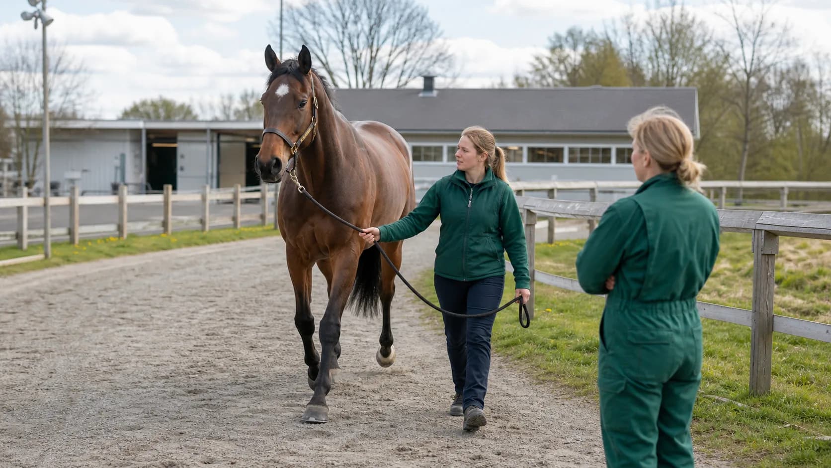 Brun varmblodshäst leds på ridbana medan veterinär bedömer rörelsen efter CT-utredning.