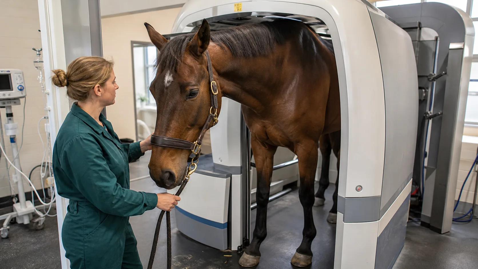 Brun varmblodshäst står sederad vid en stående CT-gantry medan veterinärpersonal håller grimman.
