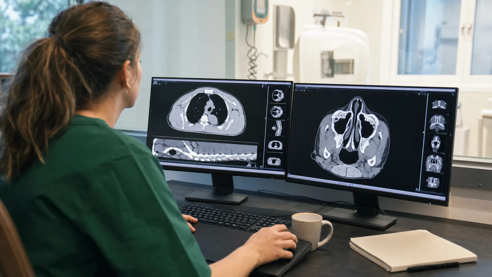 Veterinär granskar CT-bilder av hundens bröstkorg på bildskärmar i ett svenskt bilddiagnostikrum.