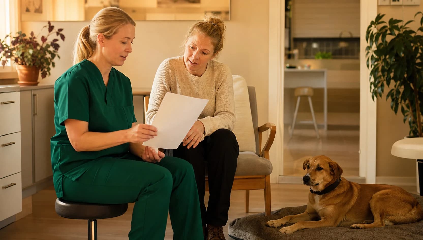 Veterinär i mörkgröna scrubs visar kostnadsförslag inför datortomografi hund.