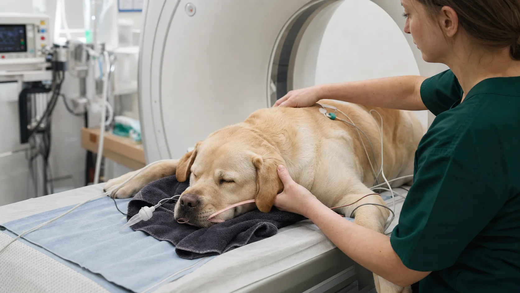 Gul labrador ligger sövd på CT-bord medan veterinärpersonal positionerar huvudet för datortomografi.