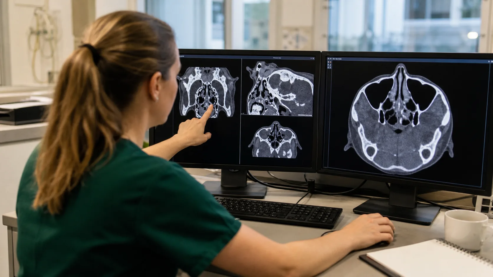 Veterinär granskar CT-bilder av kattens näshåla på bildskärmar i ett svenskt bilddiagnostikrum.