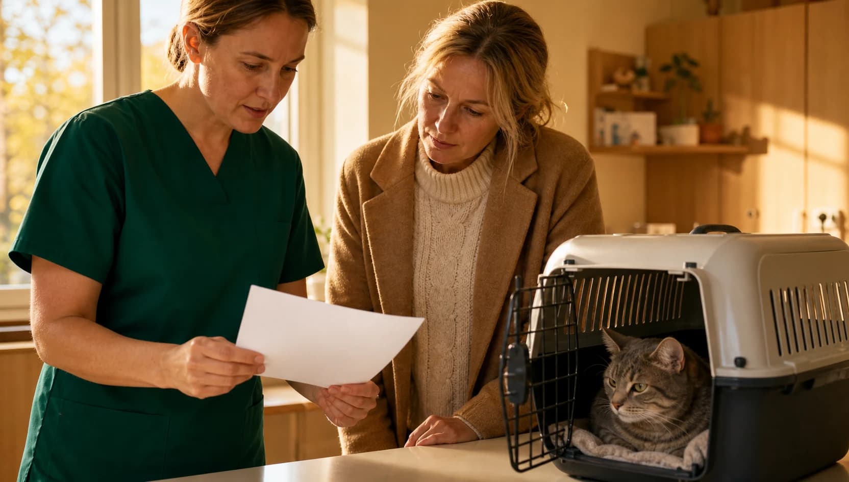 Veterinär i mörkgröna scrubs förklarar kostnadsförslag inför datortomografi katt.