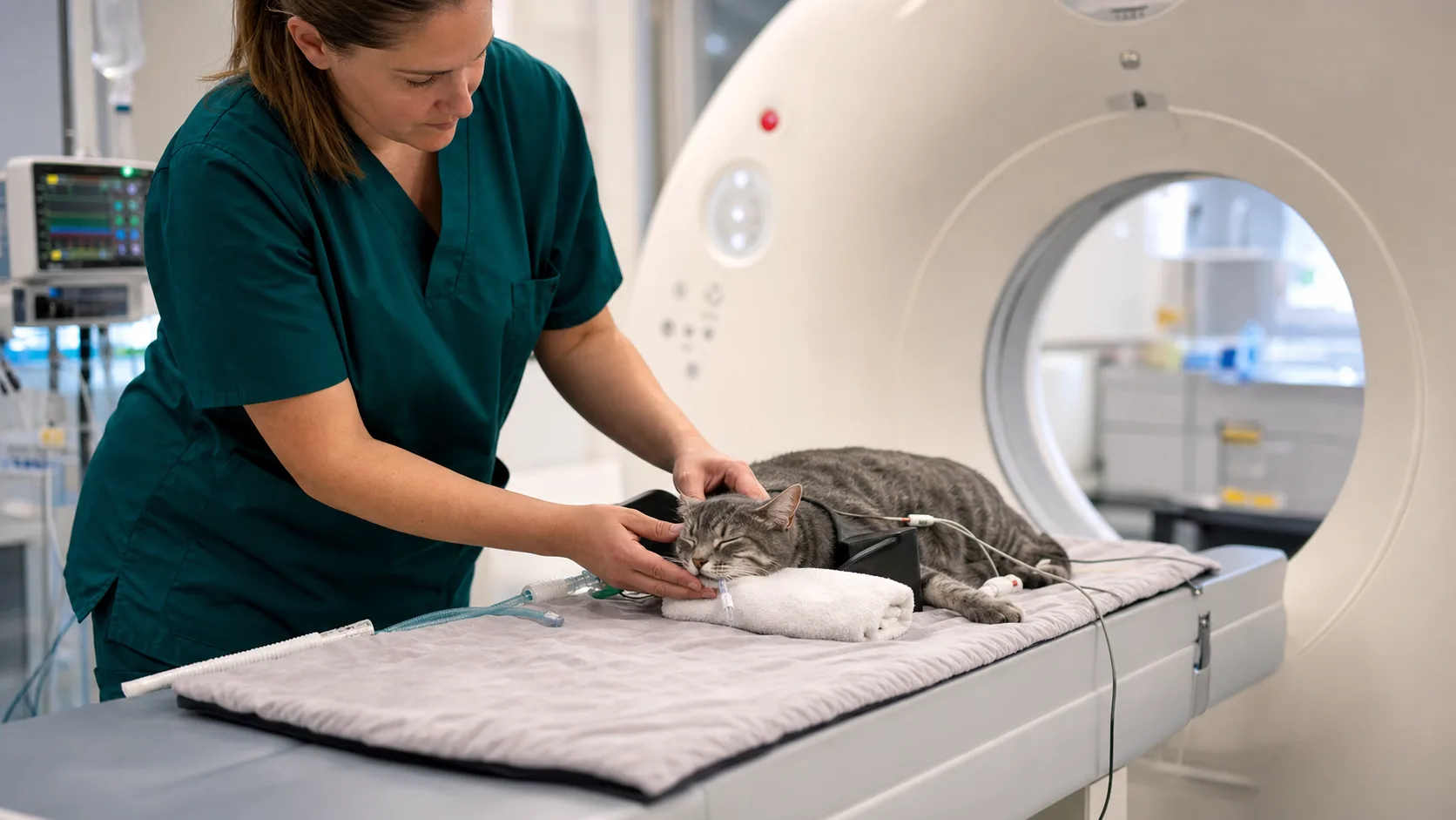 Grårandig katt ligger sövd på CT-bord medan veterinärpersonal positionerar huvudet för näshåleundersökning.