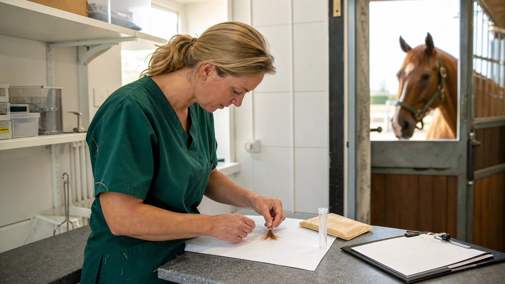 Veterinär förbereder manhår från häst för DNA-analys bredvid provrör och blankett utan läsbar text.