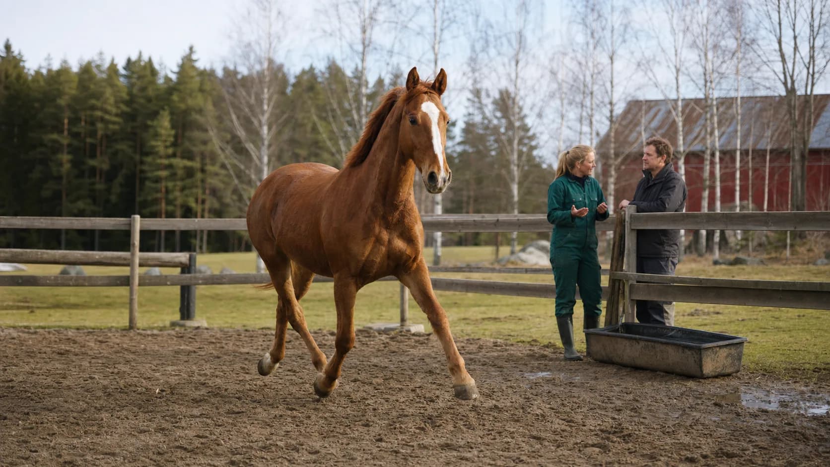 Fuxfärgad varmblodshäst rör sig avslappnat på ridbana efter genetisk hälsoplanering.