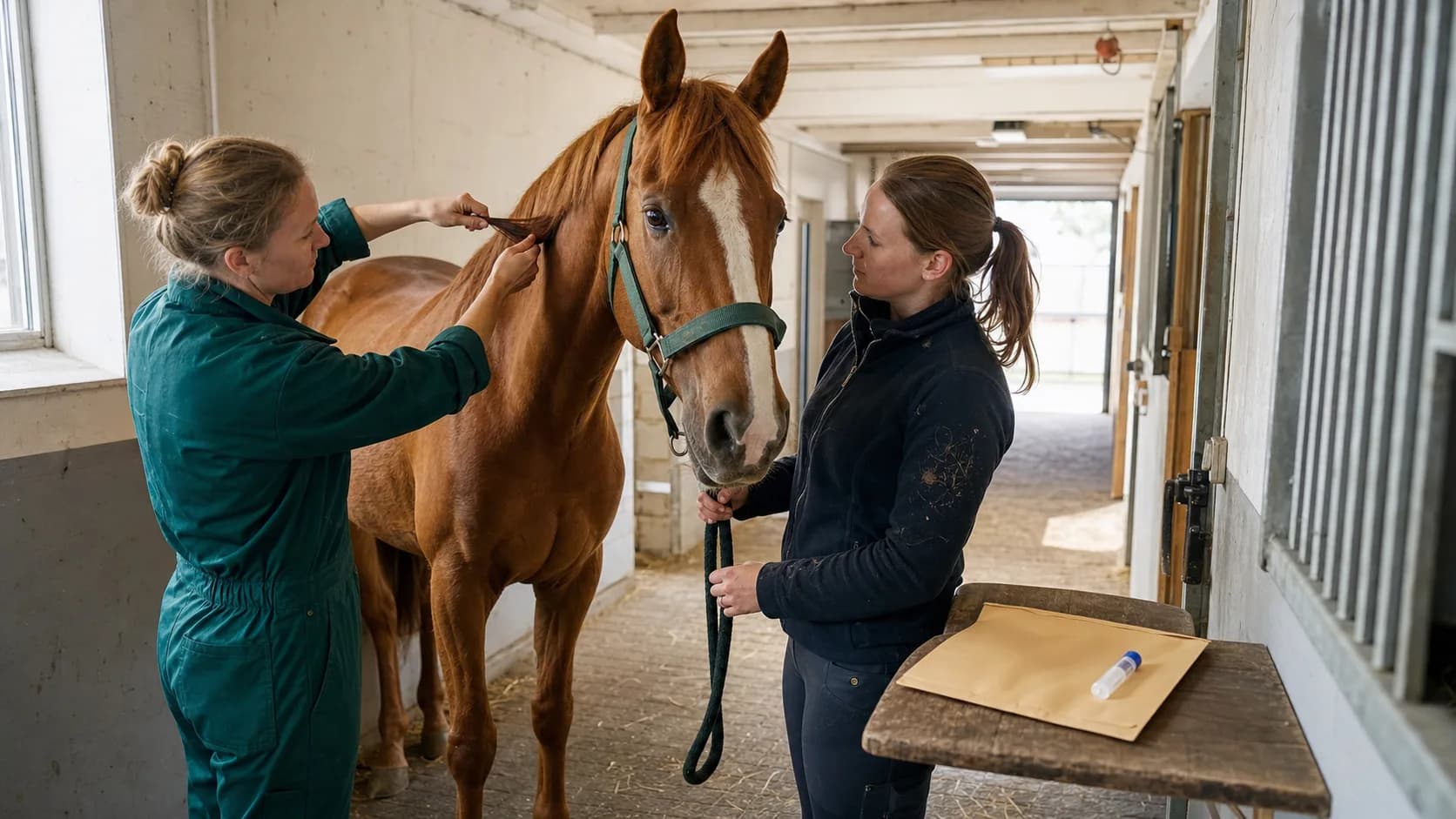 Veterinär tar manhår för DNA-test på en lugn fuxfärgad varmblodshäst i stallgång.