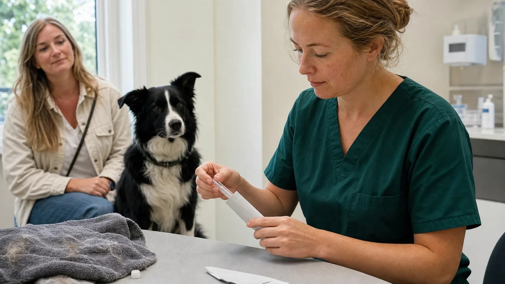Veterinär förbereder ett DNA-prov från hund i svensk klinikmiljö.