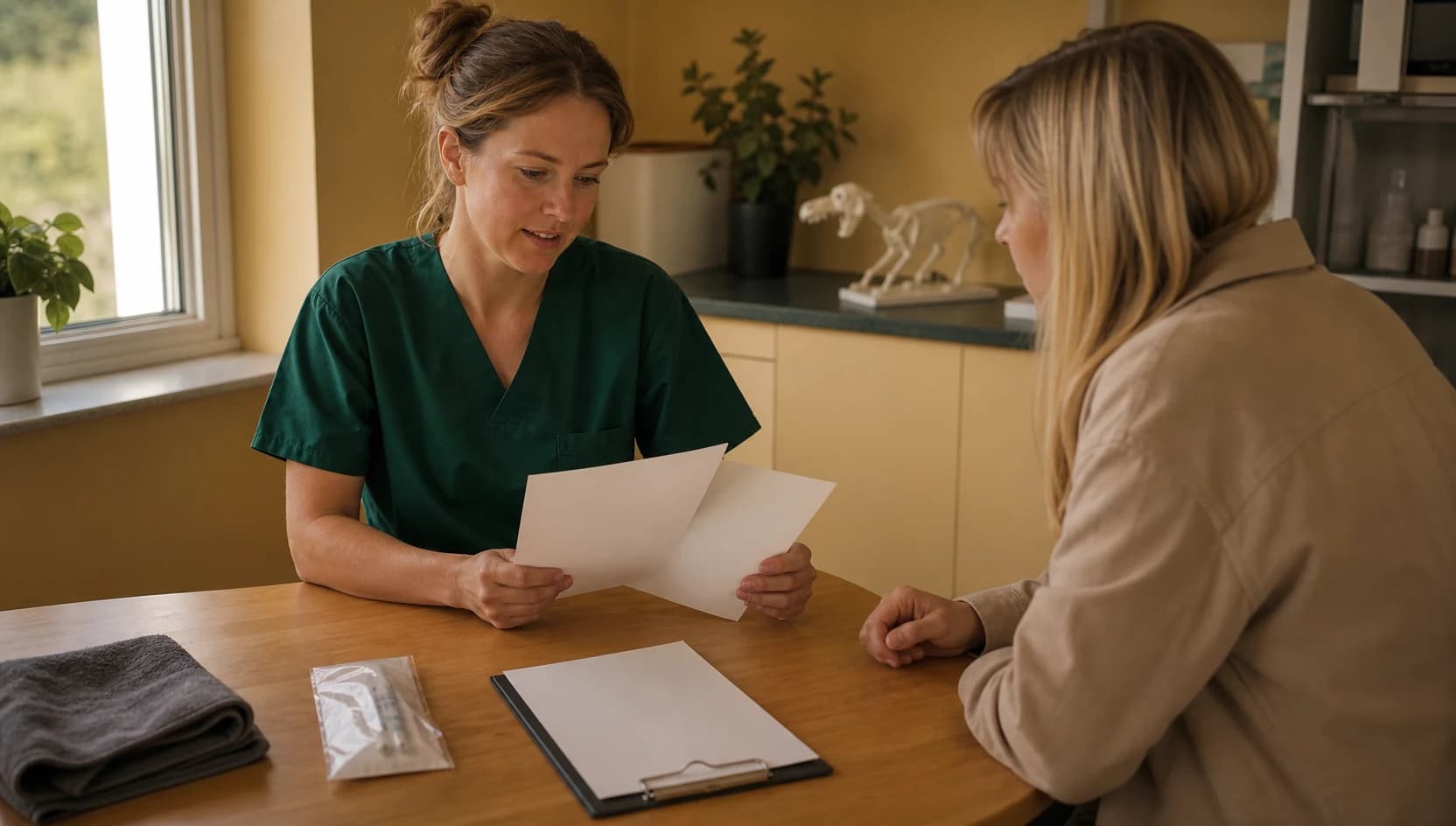 Veterinär i mörkgröna scrubs förklarar DNA-test hund och pris.