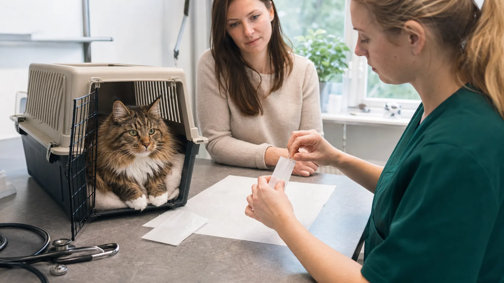 Veterinär förbereder DNA-prov från maine coon bredvid ägare och transportbur.