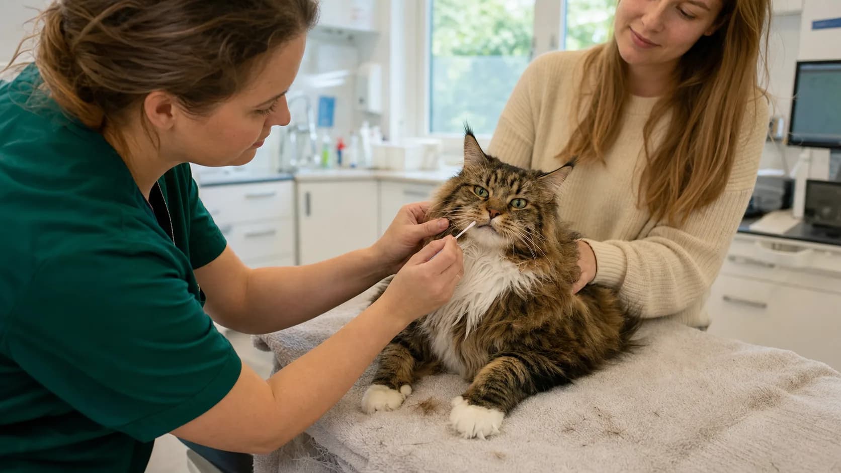 Veterinär tar kindsvabb för DNA-test på en lugn brun tabby maine coon.