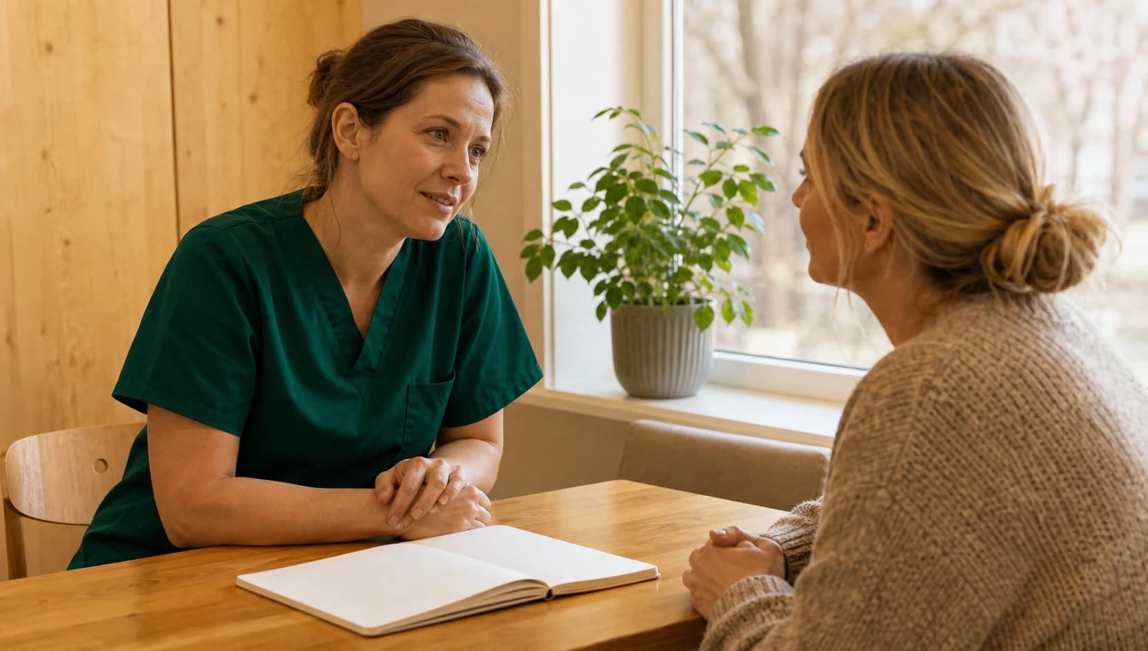 Veterinär i gröna scrubs samtalar om pris för dräktighetsundersökning.