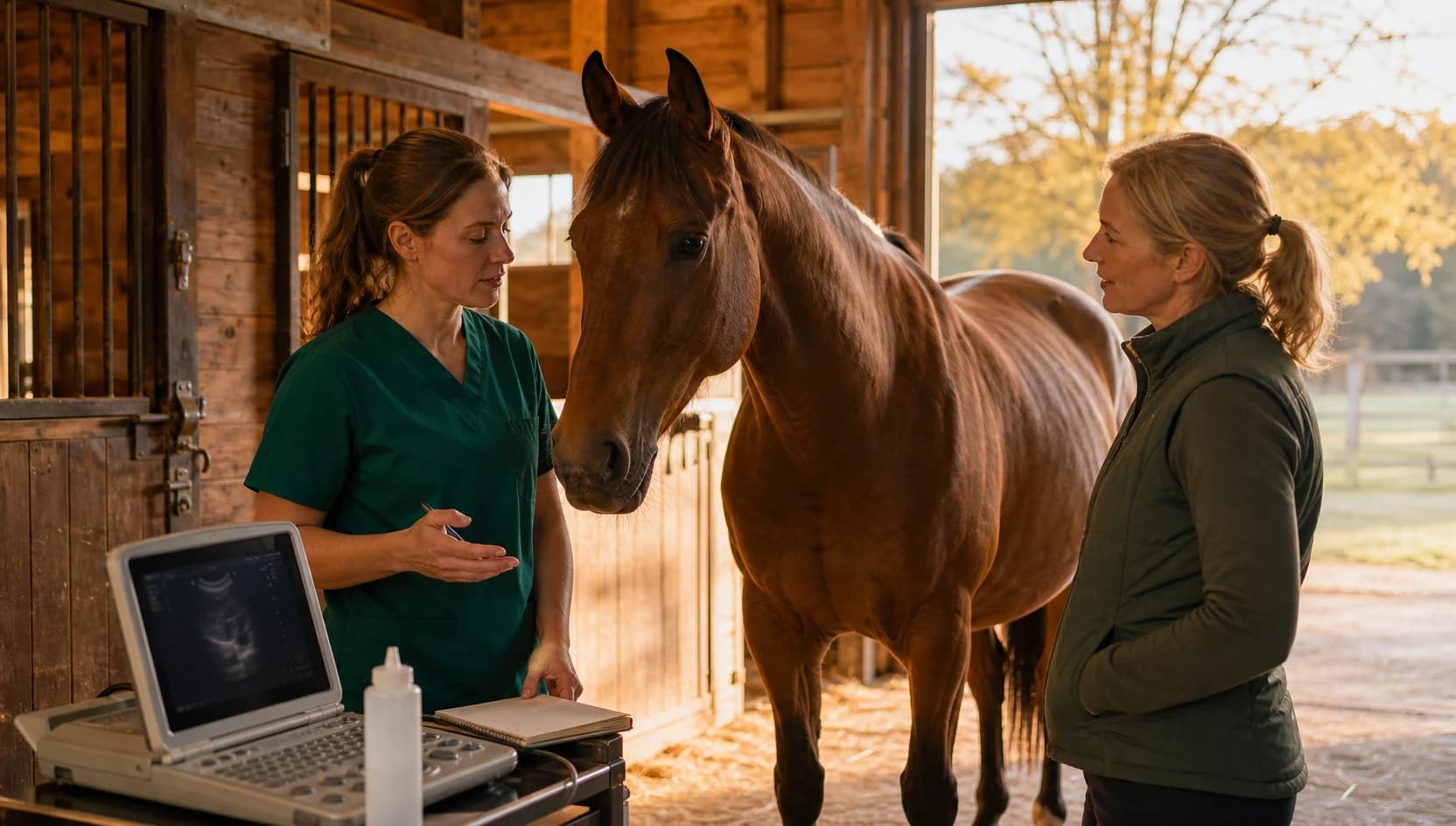Dräktighetsundersökning häst - veterinär och hästägare planerar kontroll vid lugnt dräktigt sto i stall.