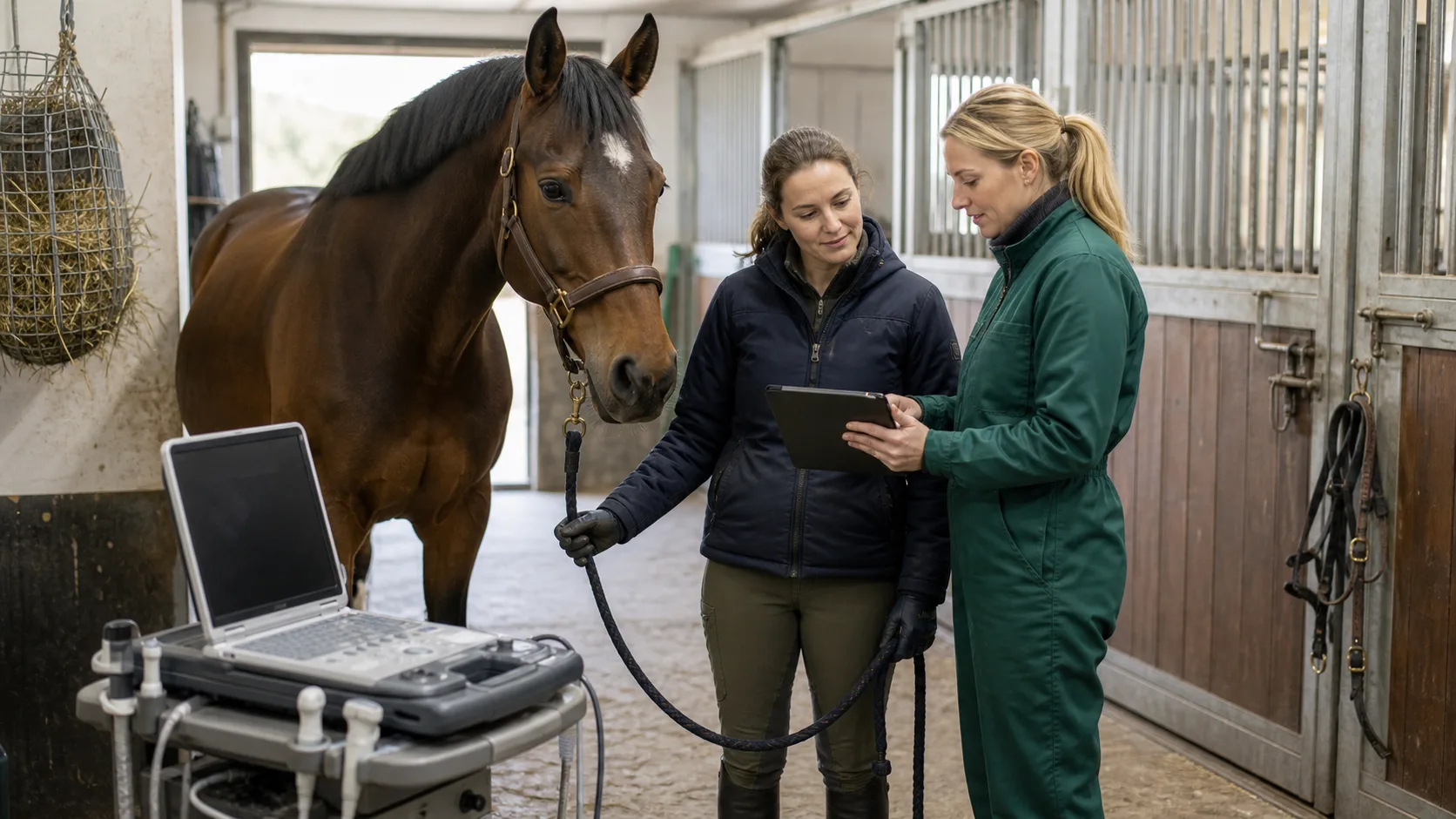 Veterinär planerar uppföljning efter dräktighetskontroll av sto i svenskt stall.