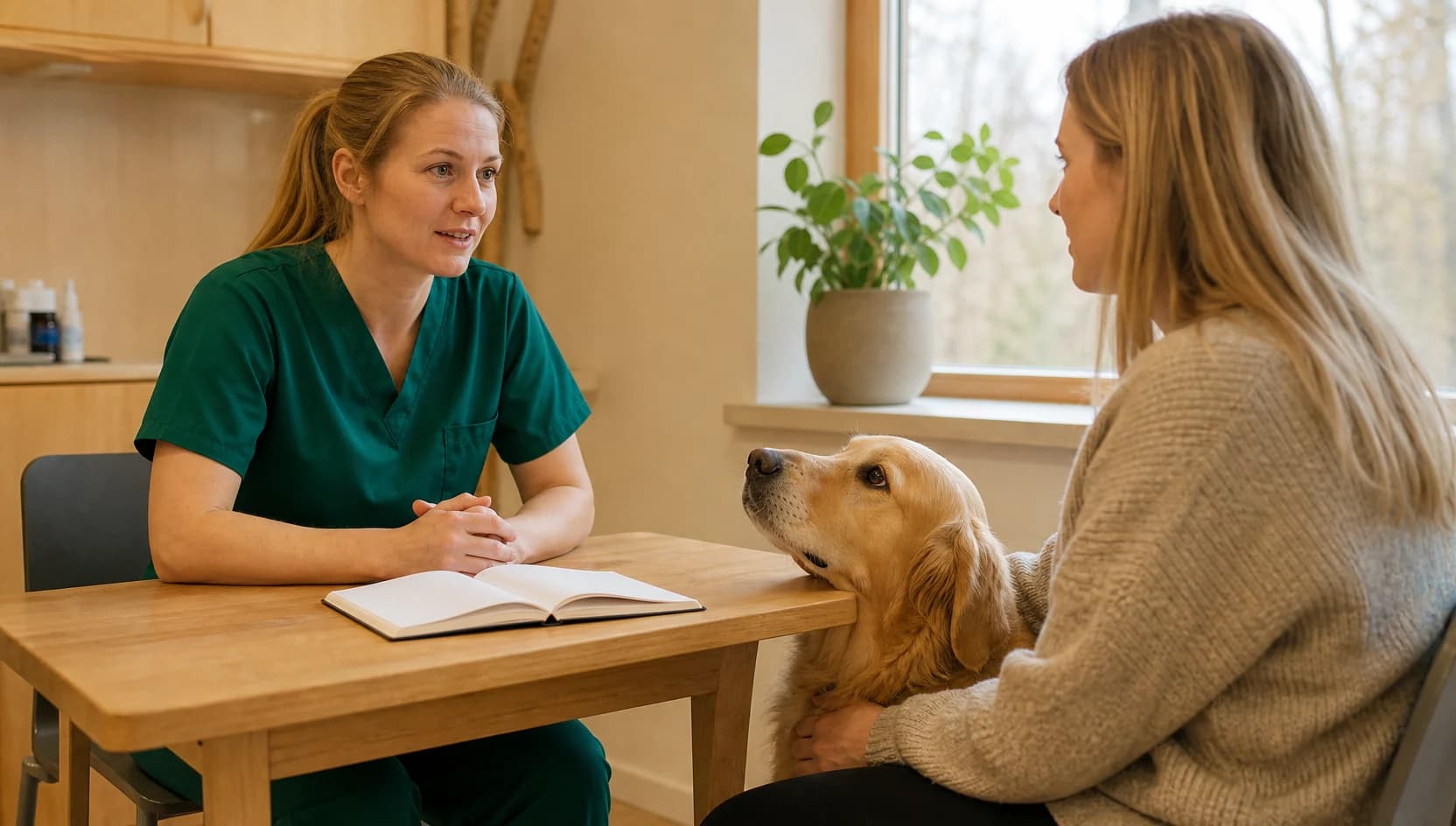 Veterinär i gröna scrubs samtalar med hundägare om pris för dräktighetsundersökning av hund.