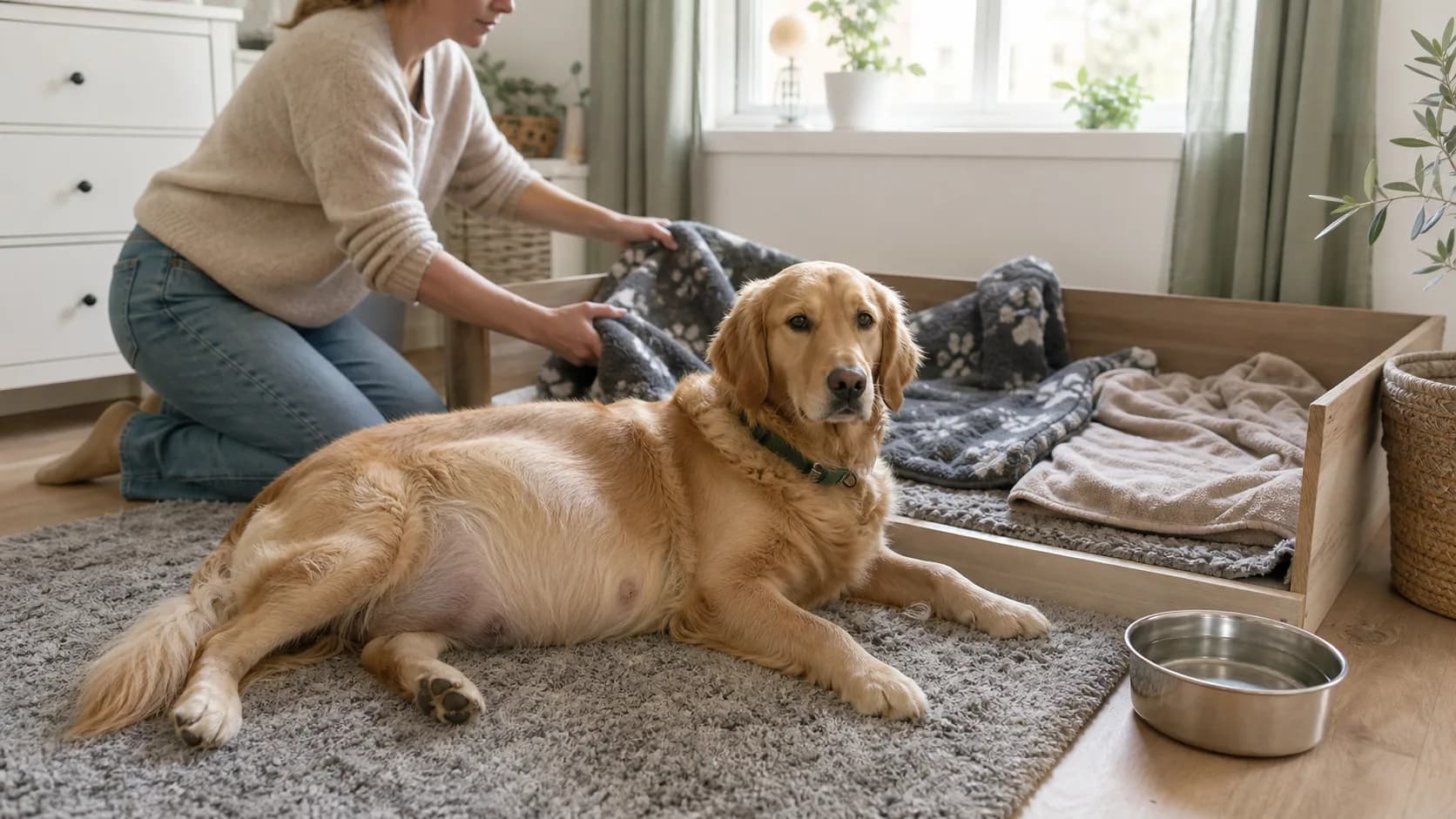 Dräktig golden retriever vilar hemma bredvid förberedd valpningsplats