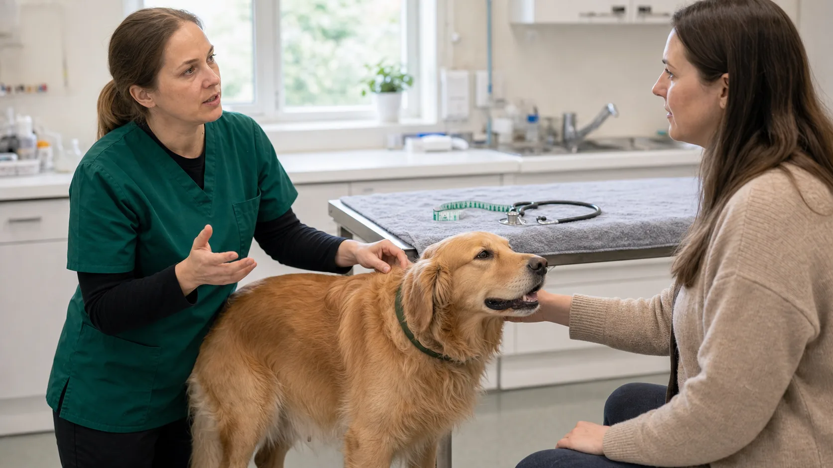 Veterinär samtalar med hundägare efter dräktighetsultraljud medan dräktig golden retriever står lugnt bredvid