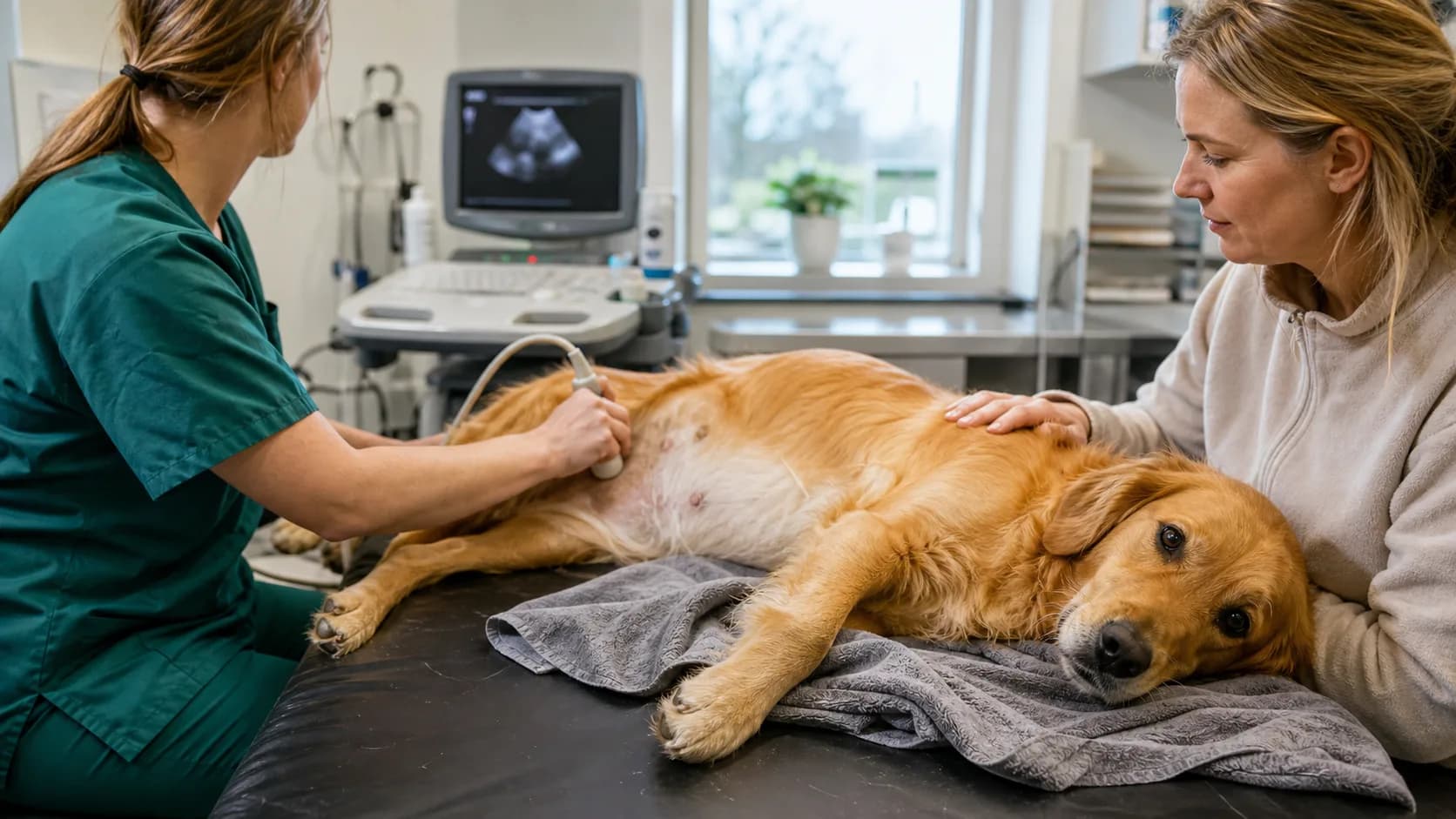 Dräktighetsundersökning hund - veterinär gör ultraljud på lugn dräktig golden retriever