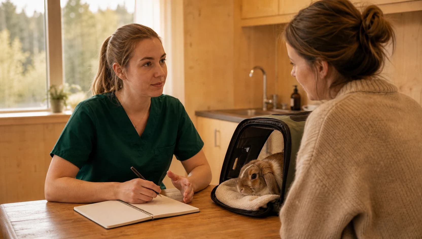 Veterinär i gröna scrubs samtalar med kaninägare om pris för dräktighetsundersökning av kanin.