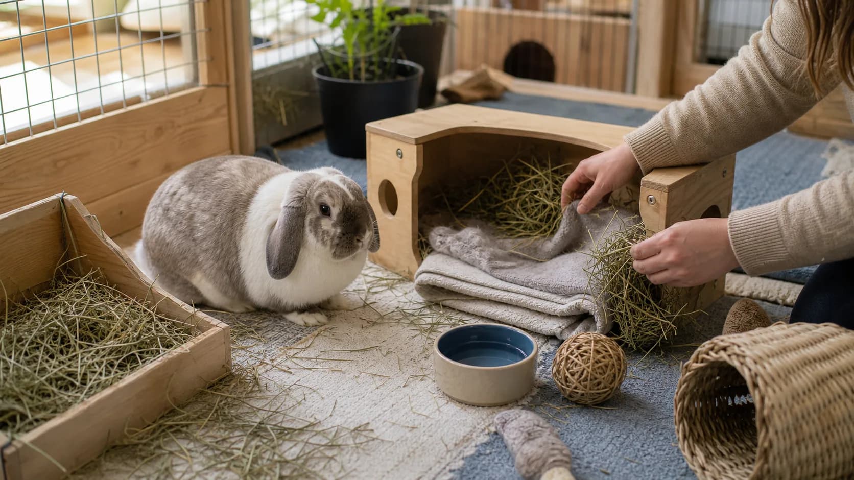 Dräktig dvärgvädur vilar hemma vid förberedd bolåda med hö och rena filtar.