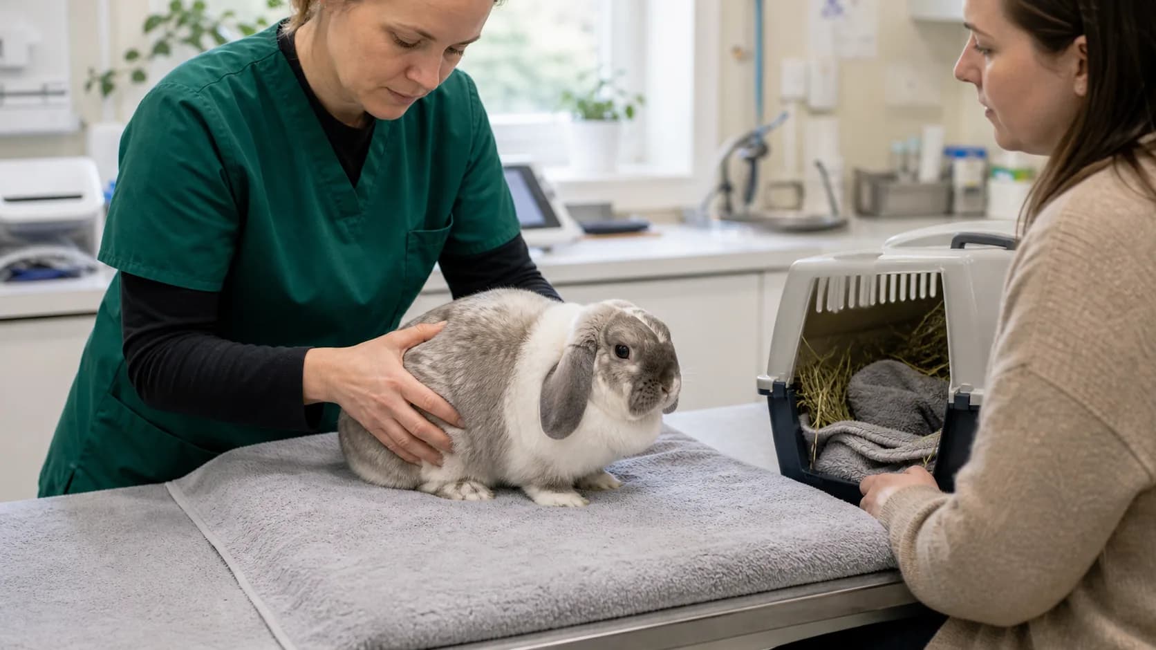 Veterinär kontrollerar dräktig dvärgvädur varsamt efter ultraljud.