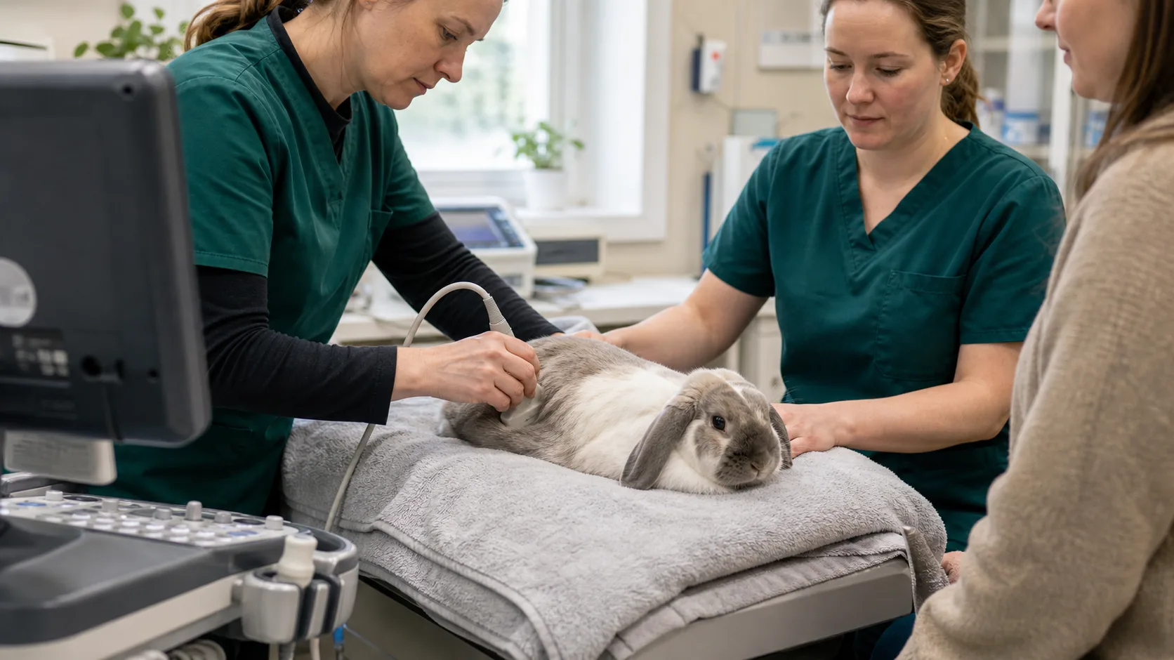 Dräktighetsundersökning kanin - veterinär gör skonsamt ultraljud på dräktig dvärgvädur.