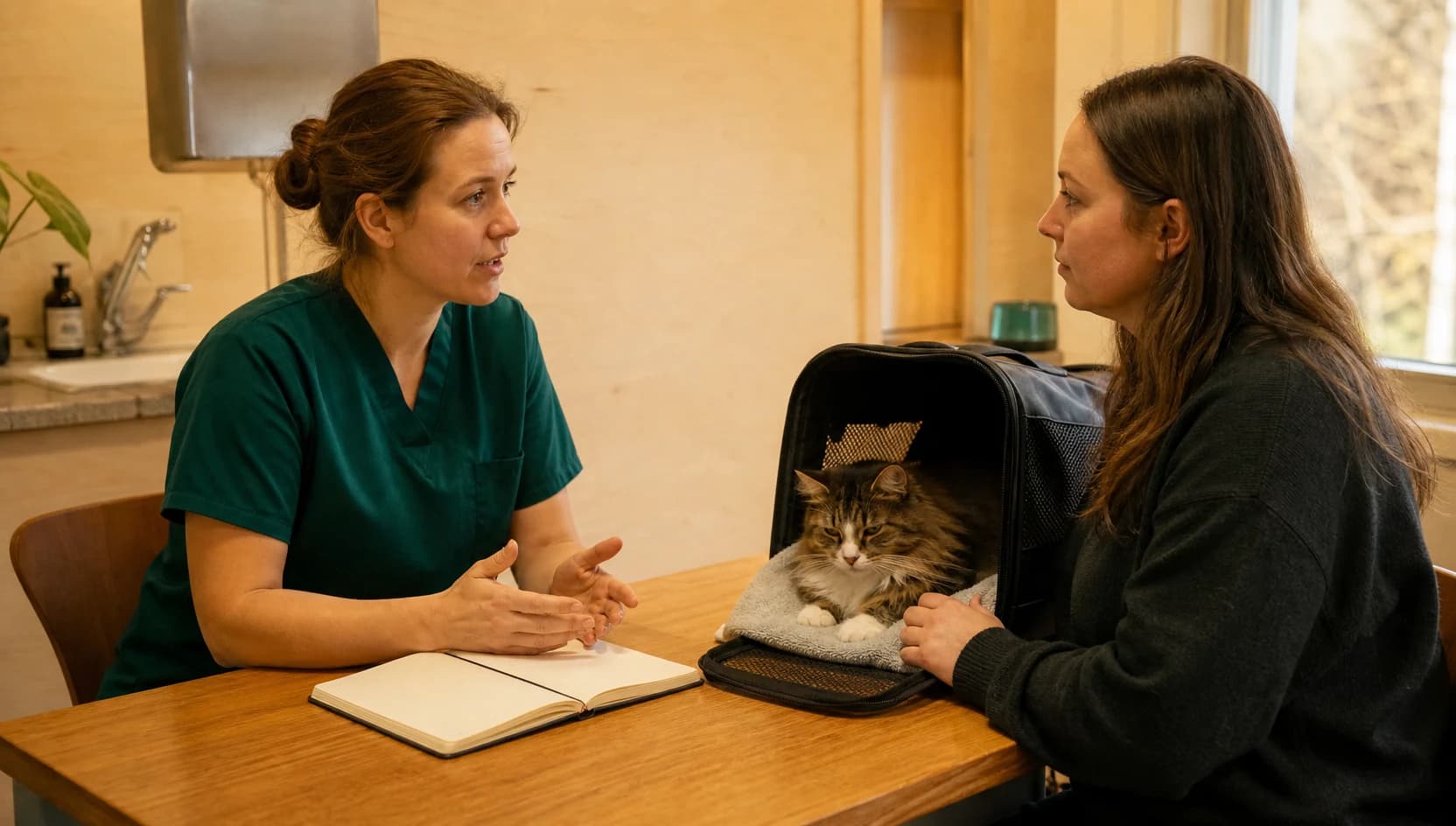 Veterinär i gröna scrubs samtalar med kattägare om pris för dräktighetsundersökning av katt.