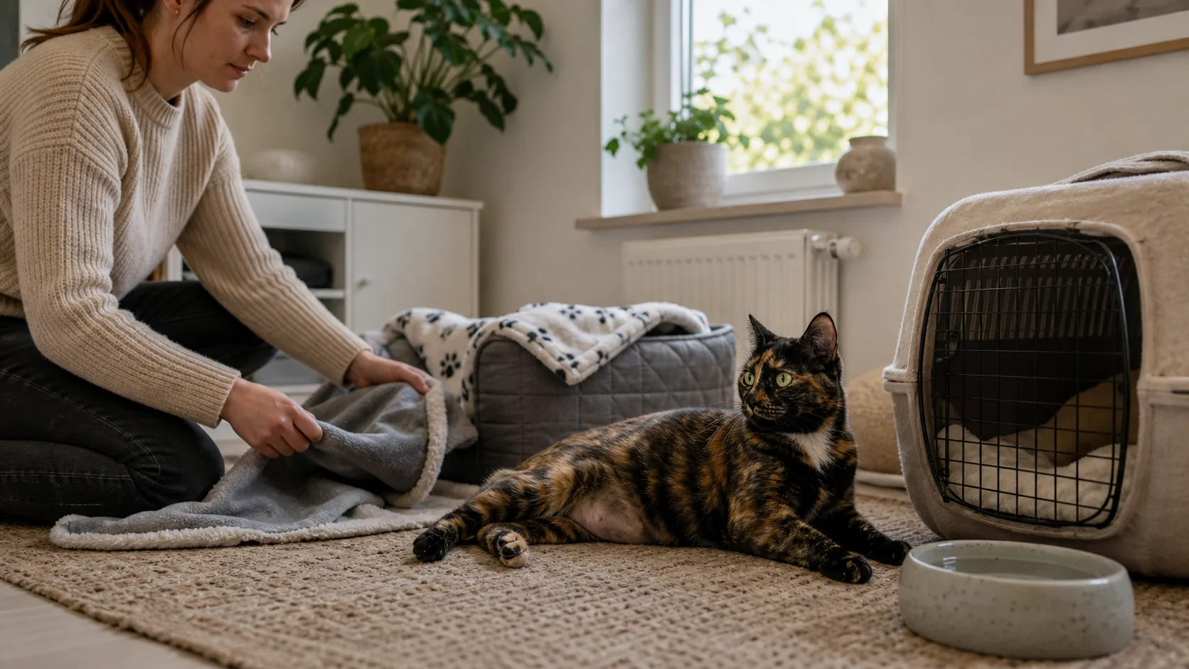 Dräktig sköldpaddsfärgad katt vilar hemma vid lugn boplats inför kattungar