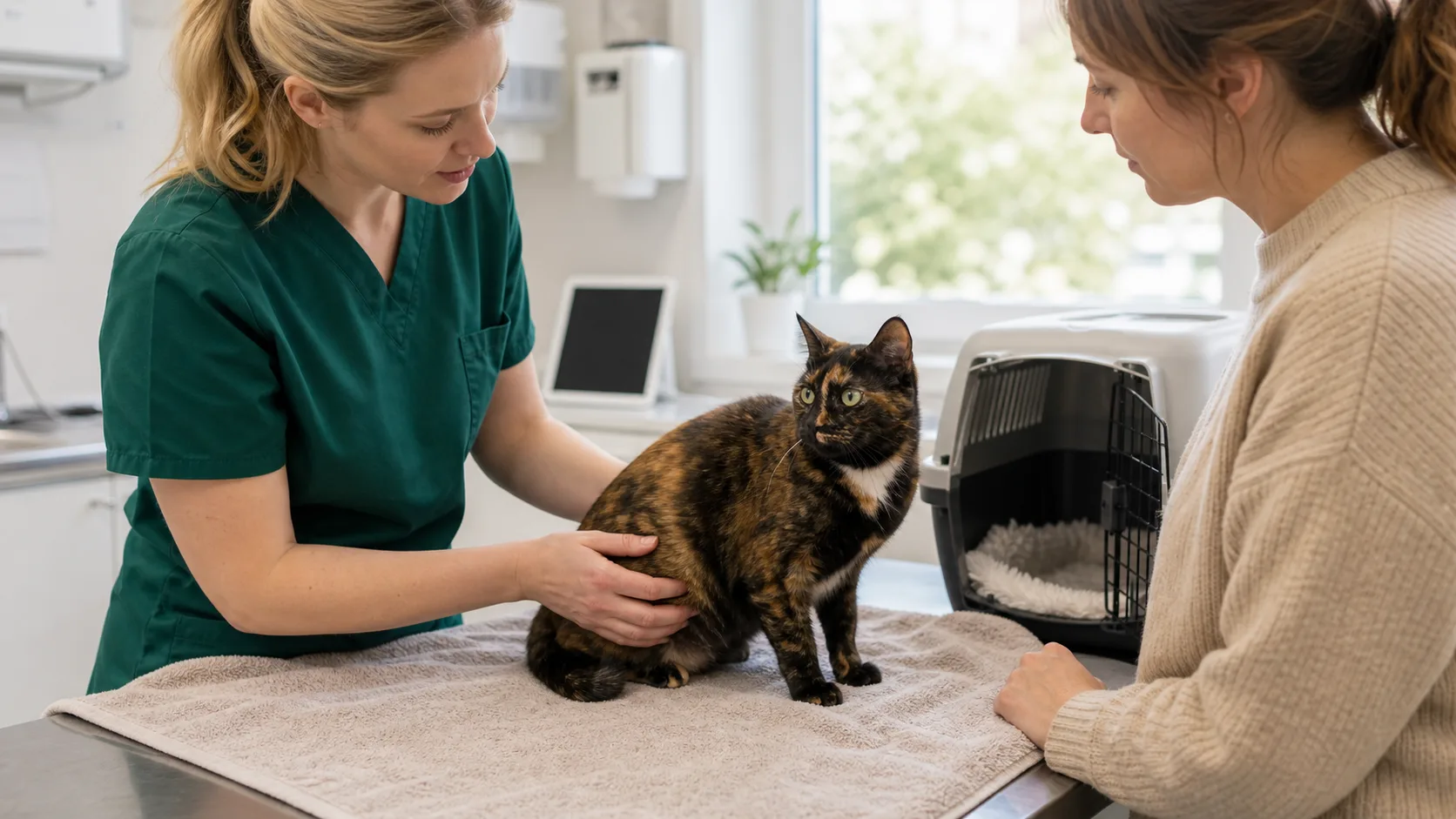 Veterinär undersöker dräktig katt skonsamt efter ultraljud