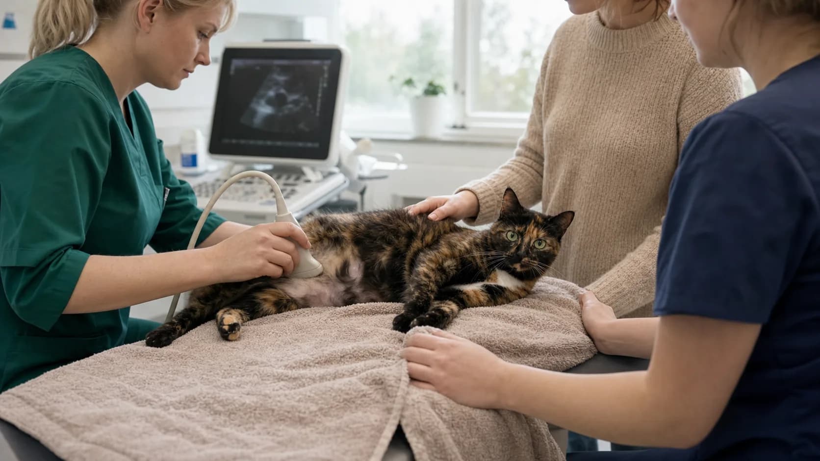 Dräktighetsundersökning katt - veterinär gör ultraljud på lugn dräktig sköldpaddsfärgad katt