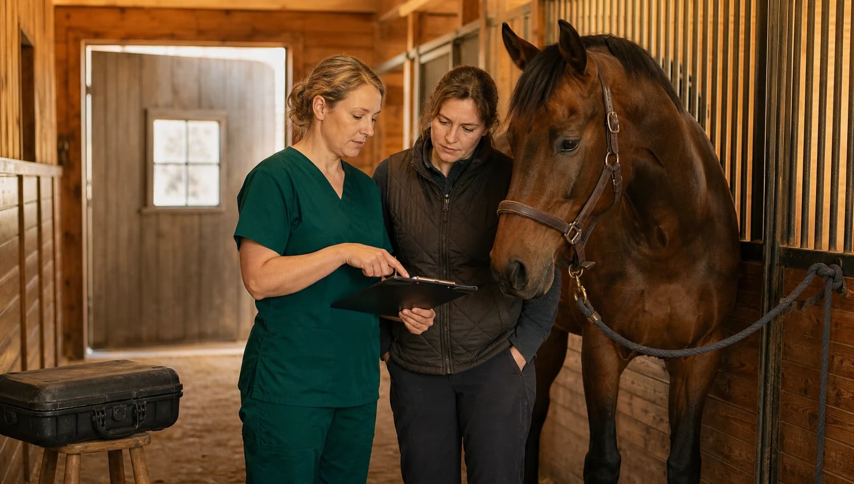 Hästveterinär i mörkgröna skrubbar jämför pris för endoskopi häst med hästägare.