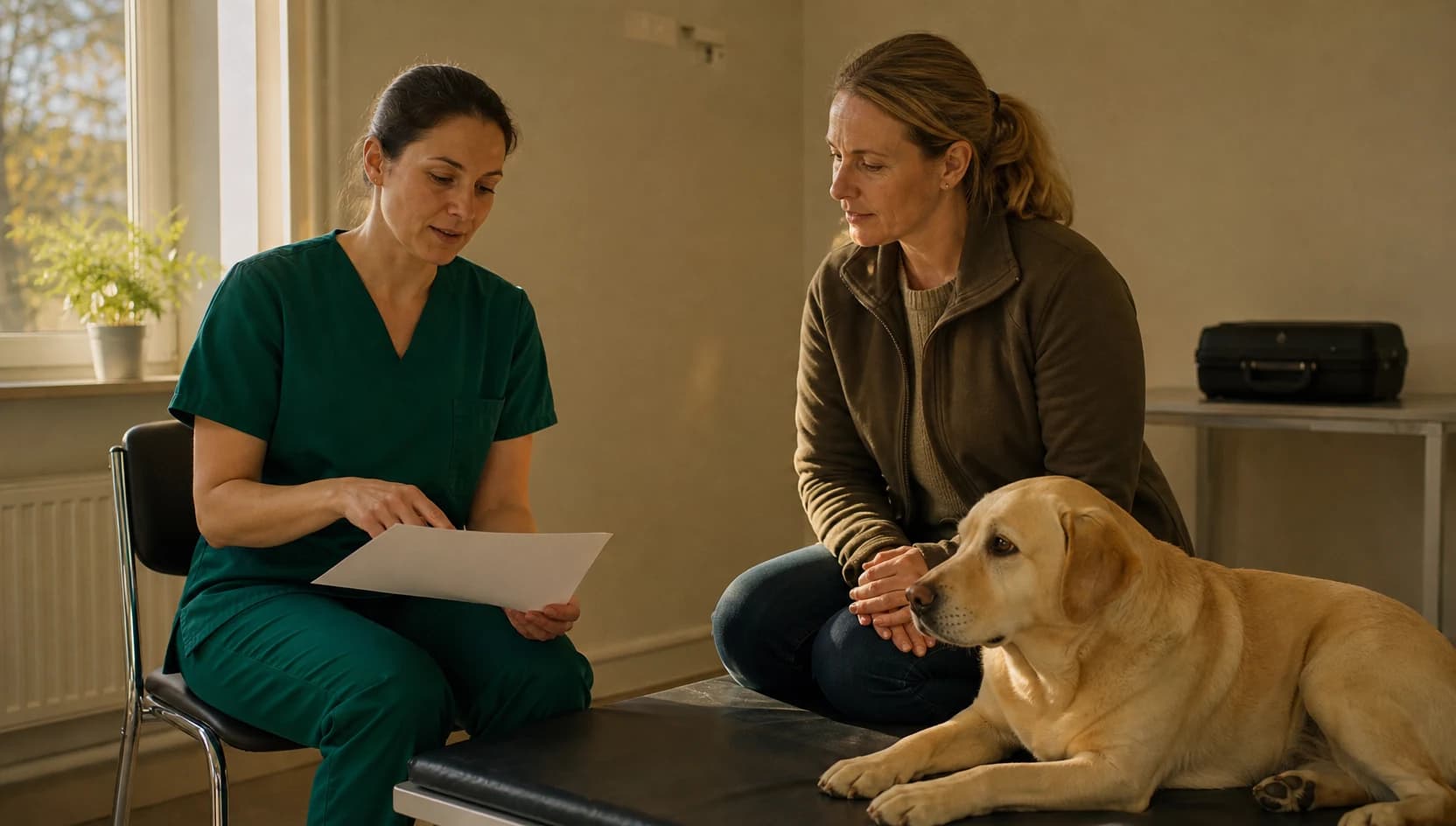Veterinär i mörkgröna skrubbar jämför pris för endoskopi hund med hundägare.