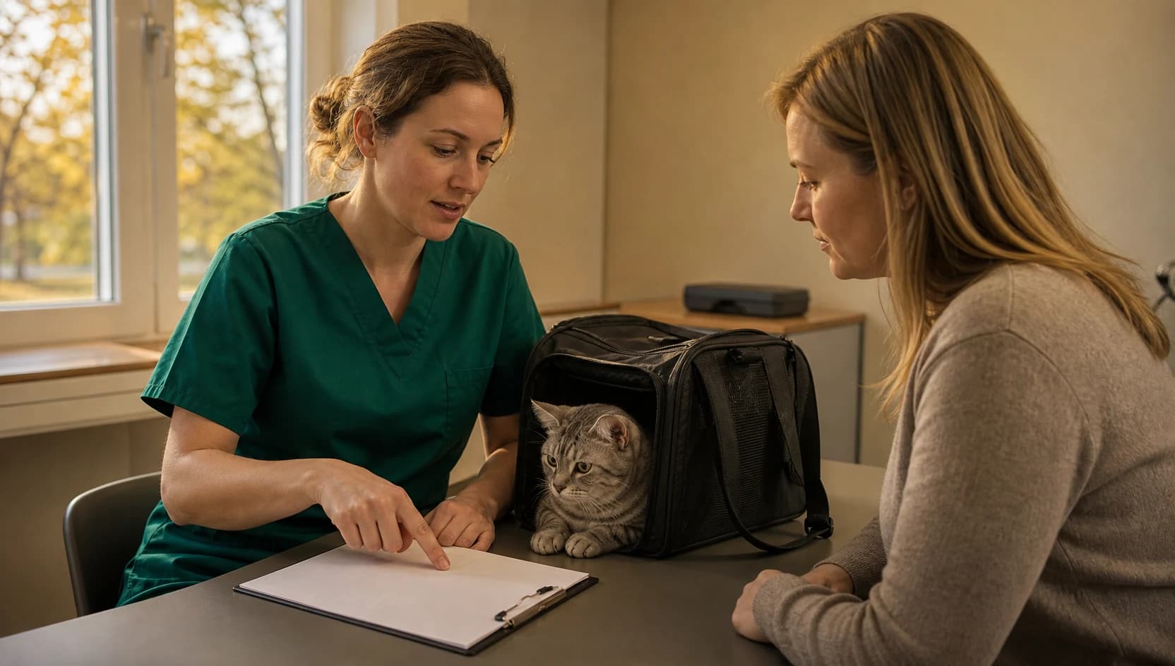 Veterinär i mörkgröna skrubbar jämför pris för endoskopi katt med kattägare.