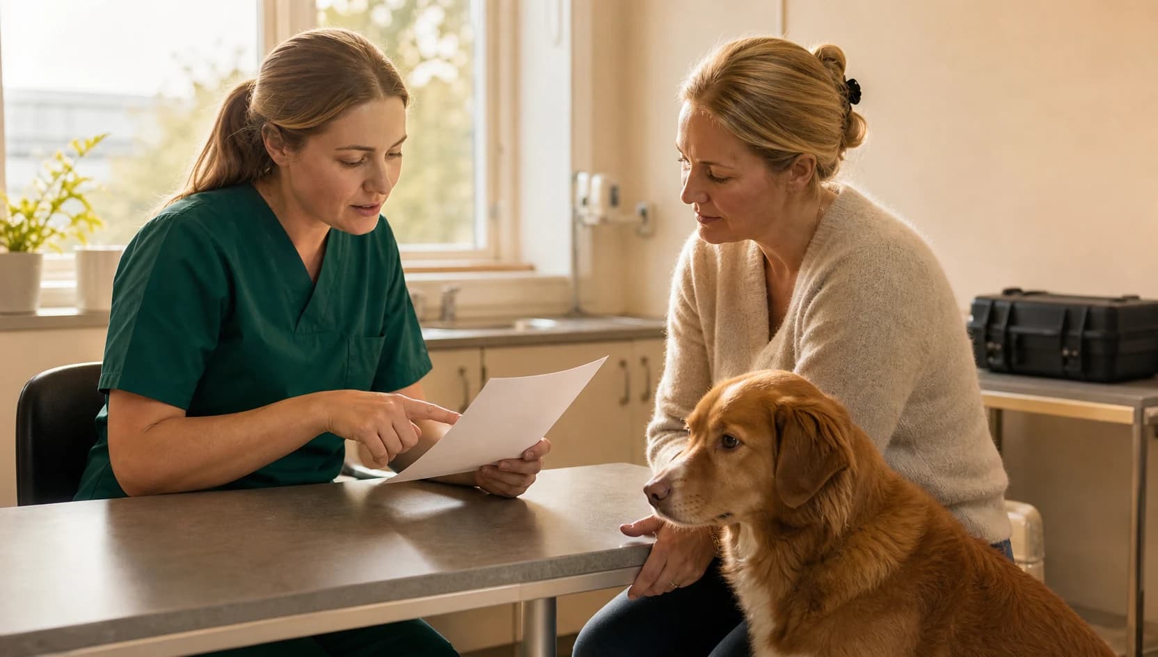 Veterinär i mörkgröna skrubbar jämför pris för endoskopi med djurägare.