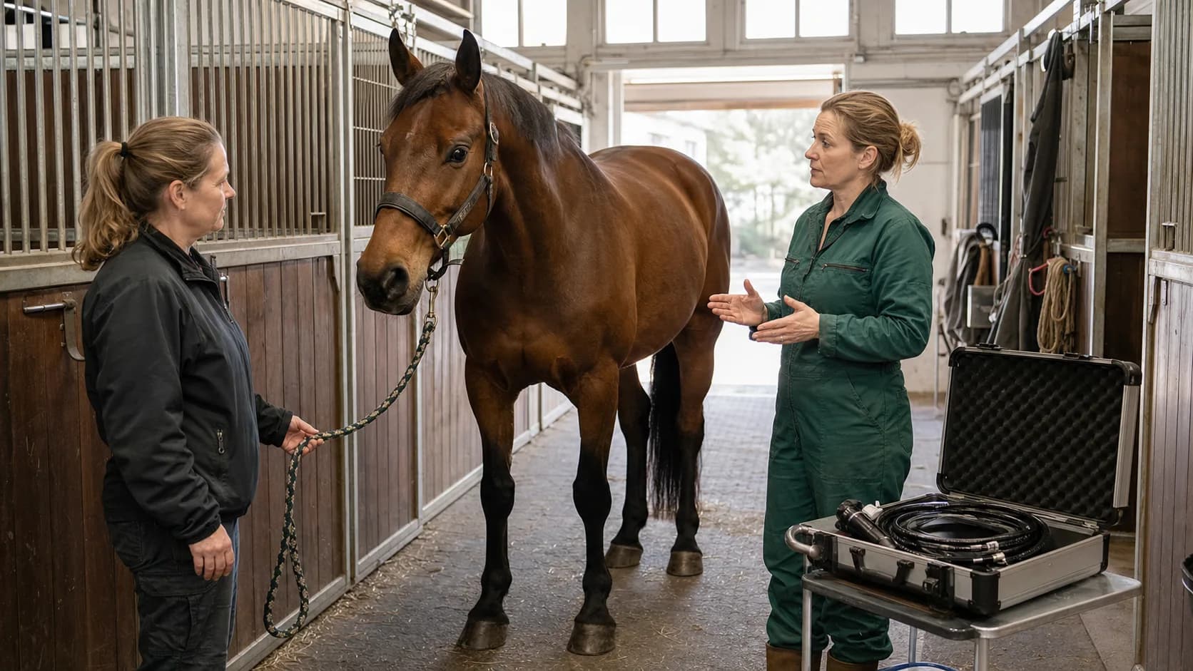 Brunt varmblod står i stallgång medan hästveterinär förklarar förberedelser inför gastroskopi.