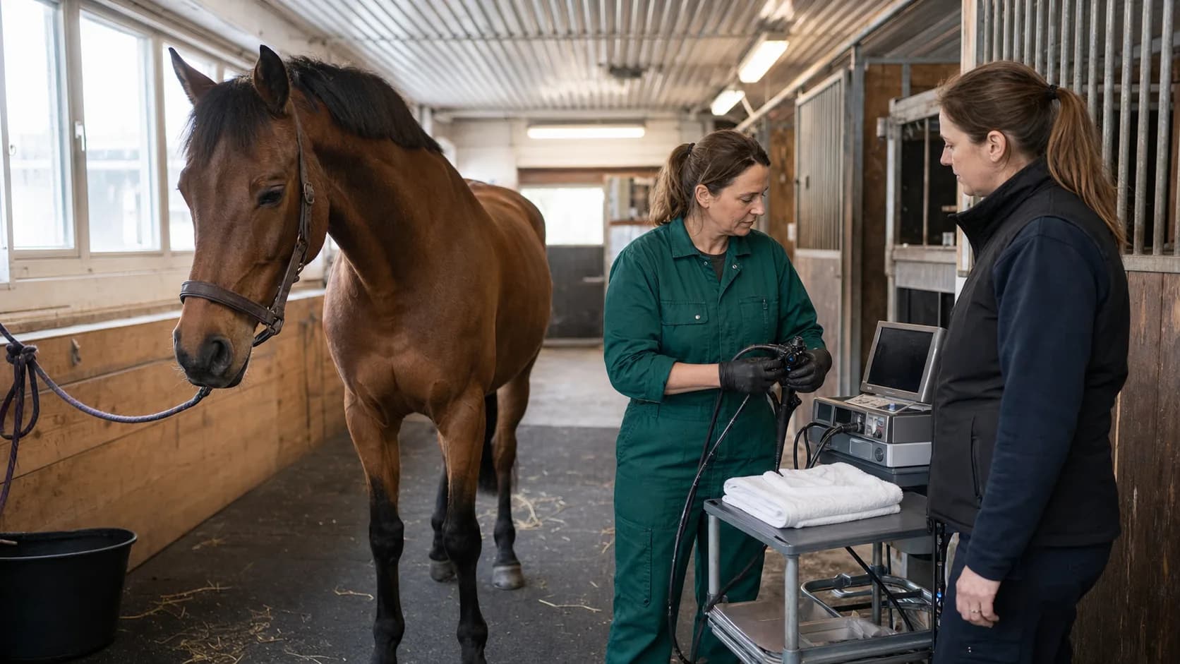 Brunt varmblod står lugnt i stallgång medan veterinärteam förbereder gastroskopiutrustning.