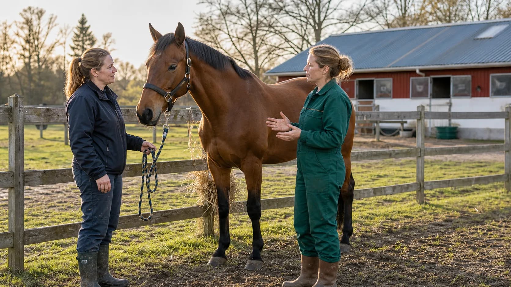 Brunt varmblod står vid staket i svensk hage medan veterinär och ägare följer upp gastroskopi.