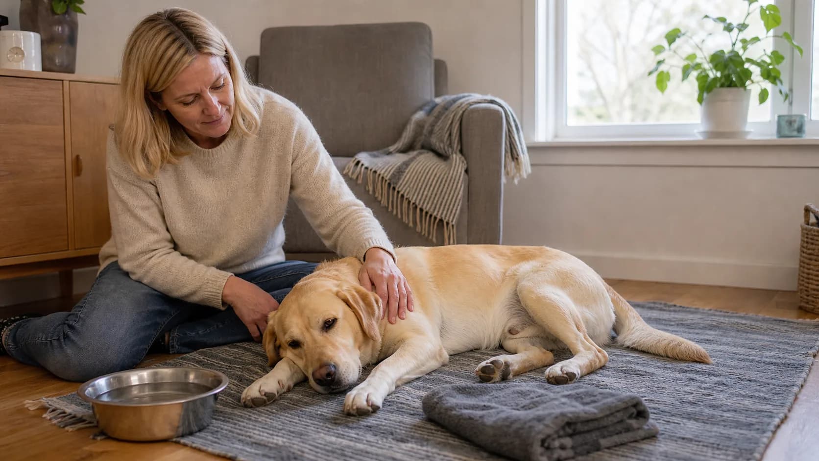 Gul labrador vilar hemma på matta efter endoskopi med ägare och vattenskål nära.