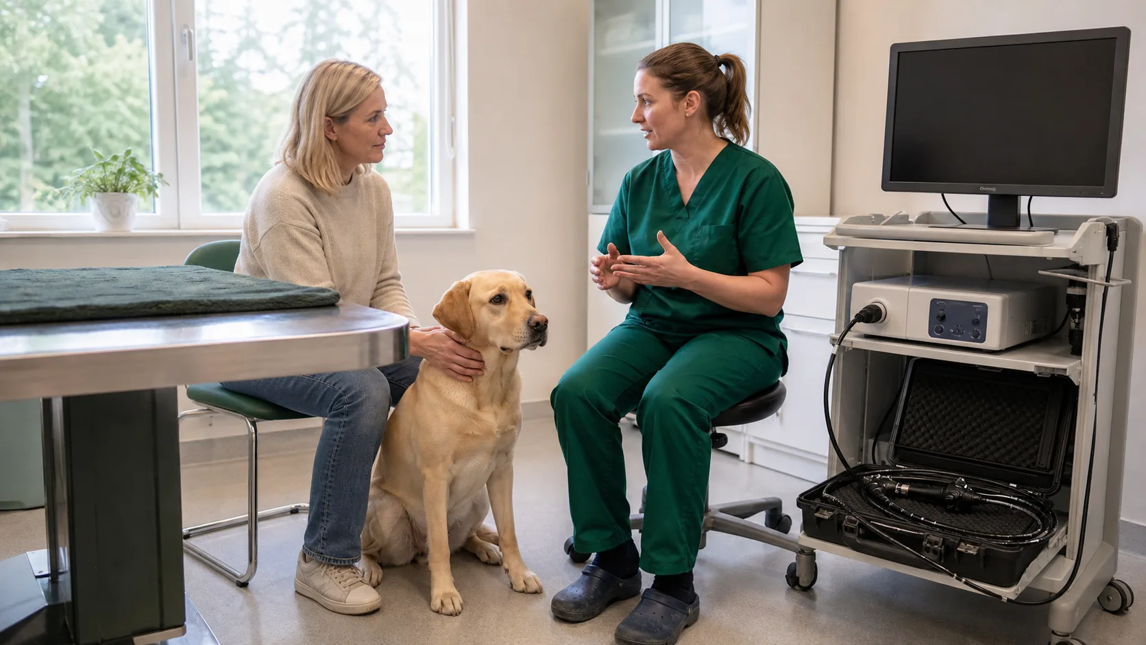 Gul labrador sitter bredvid sin ägare på klinik medan veterinär förklarar förberedelser inför endoskopi.